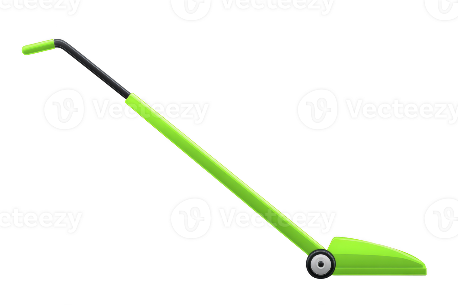 Bright green lawn mower with sleek design and long handle, perfect for efficient grass cutting. modern style and vibrant color make it stand out, ideal for garden maintenance png