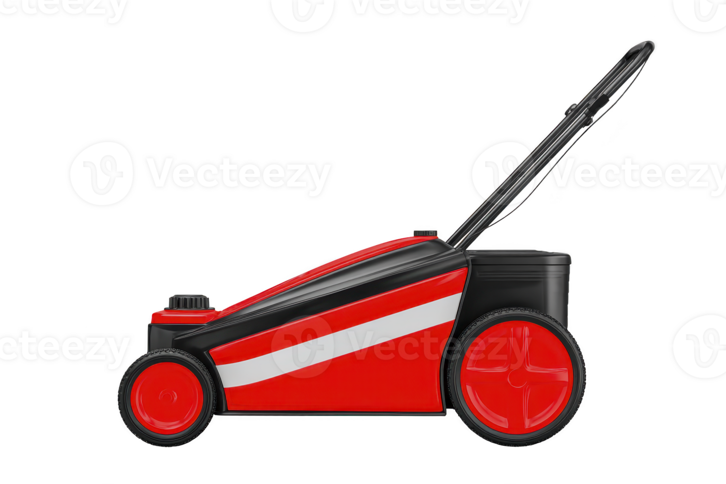 Red and black lawn mower with sleek design and large wheels, perfect for efficient grass cutting. handle is adjustable for comfortable use png
