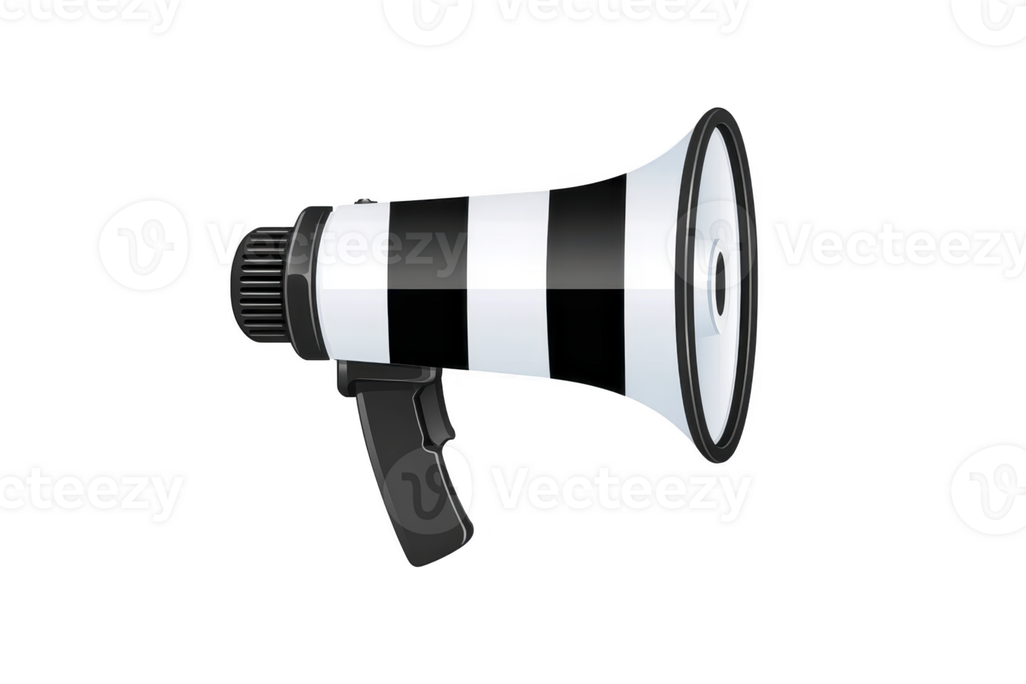 Black and white striped megaphone with sleek design, featuring handle and flared bell, used for amplifying sound in public announcements or events png