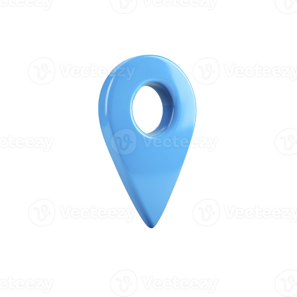 Blue 3D map pin icon with glossy finish, symbolizing location or navigation. pin is isolated on transparency background, emphasizing its sleek and modern design png