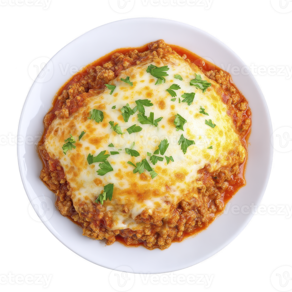 Delicious serving of lasagna topped with melted cheese and fresh parsley on white plate. rich tomato sauce and layers of pasta create comforting and hearty meal png