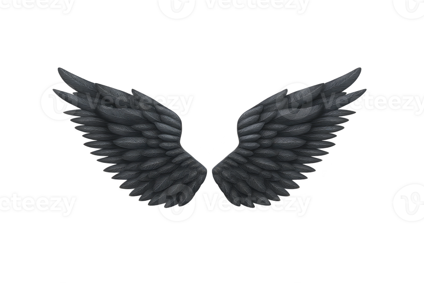 Black angel wings with detailed feathers, symbolizing mystery and elegance, isolated on transparency background. wings are symmetrical and convey sense of freedom and fantasy png