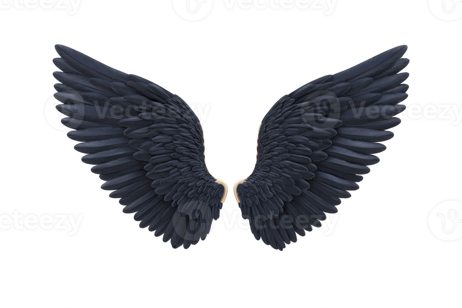 Pair of detailed, dark angel wings with realistic texture, symbolizing freedom and spirituality. wings are symmetrical and isolated on transparency background, creating striking visual impact png