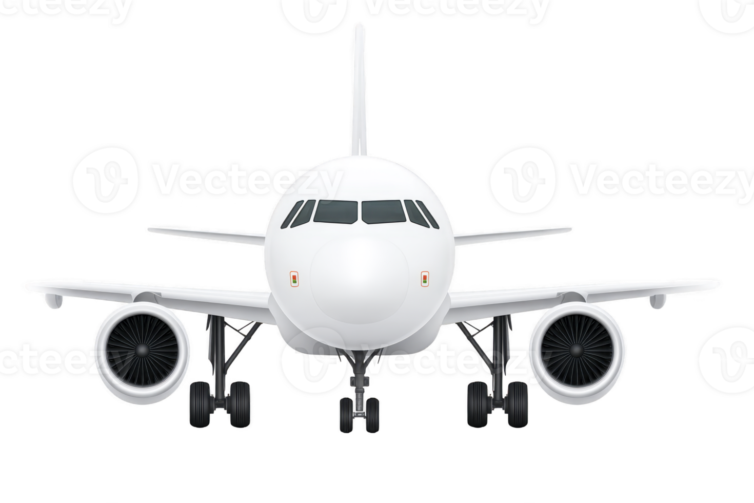 Front view of white commercial airplane with landing gear visible, showcasing its sleek design and powerful engines. aircraft is set against transparent background, emphasizing its modern png