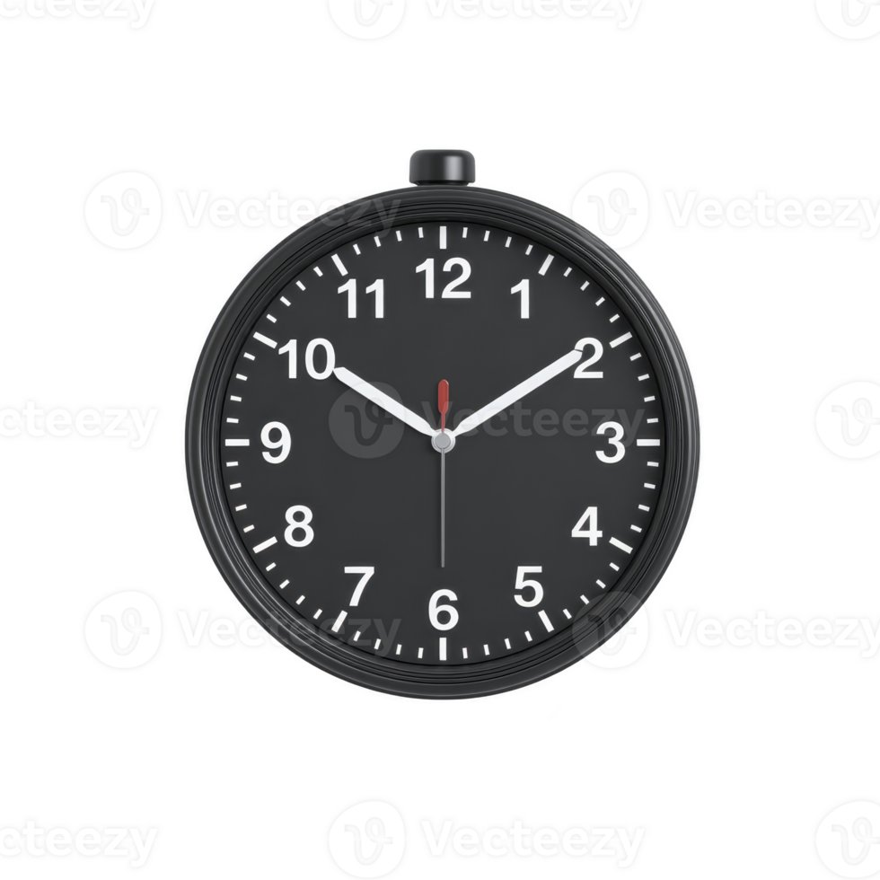 Classic black analog clock with white numbers and hands, displaying time as 1010. clock features minimalist design with red second hand, set against plain background png