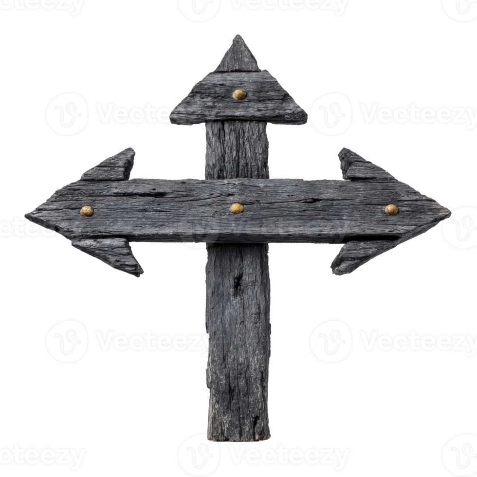 Rustic wooden signpost with three directional arrows, weathered and textured, featuring metal rivets for vintage look. arrows point in different directions, suggesting guidance or choice png