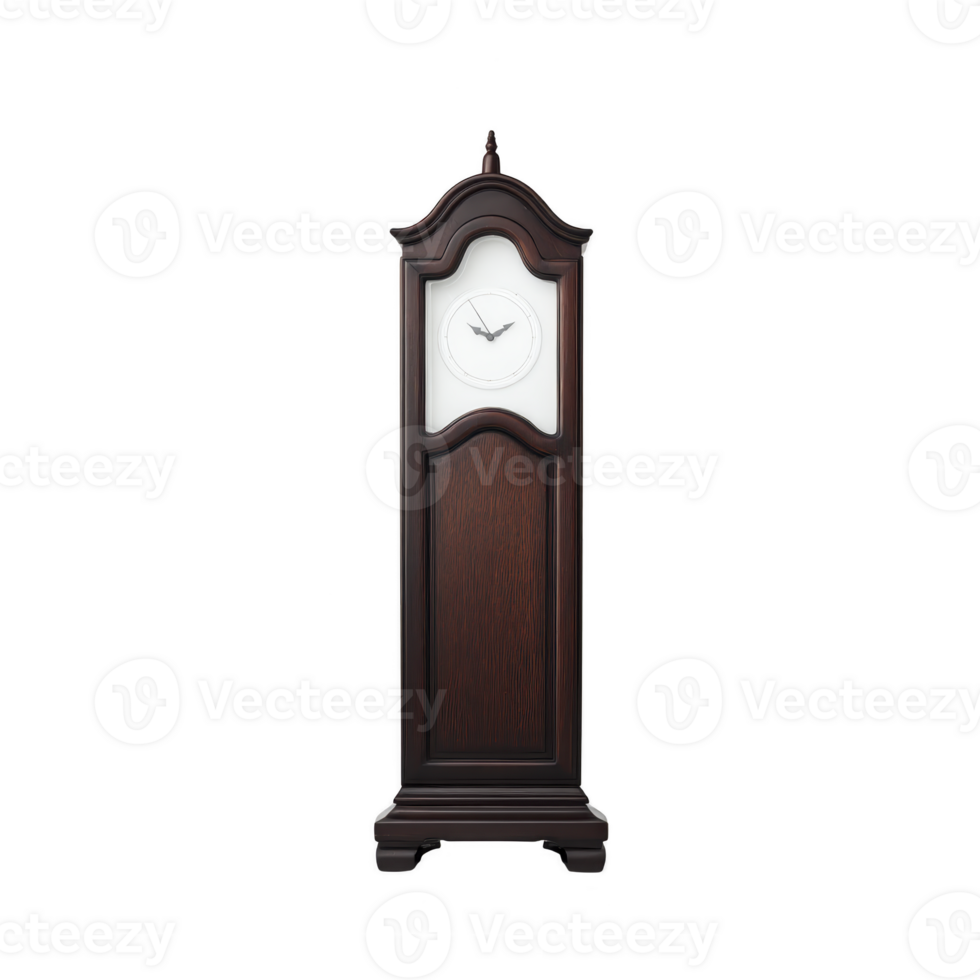 Classic wooden grandfather clock with white clock face and elegant design, showcasing traditional craftsmanship and timeless appeal. dark wood finish adds touch of sophistication png