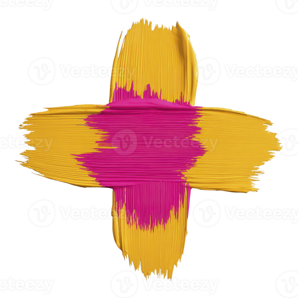 Vibrant cross shaped brushstroke features bold yellow and pink colors, creating striking abstract design. textured paint strokes add depth and energy to composition png