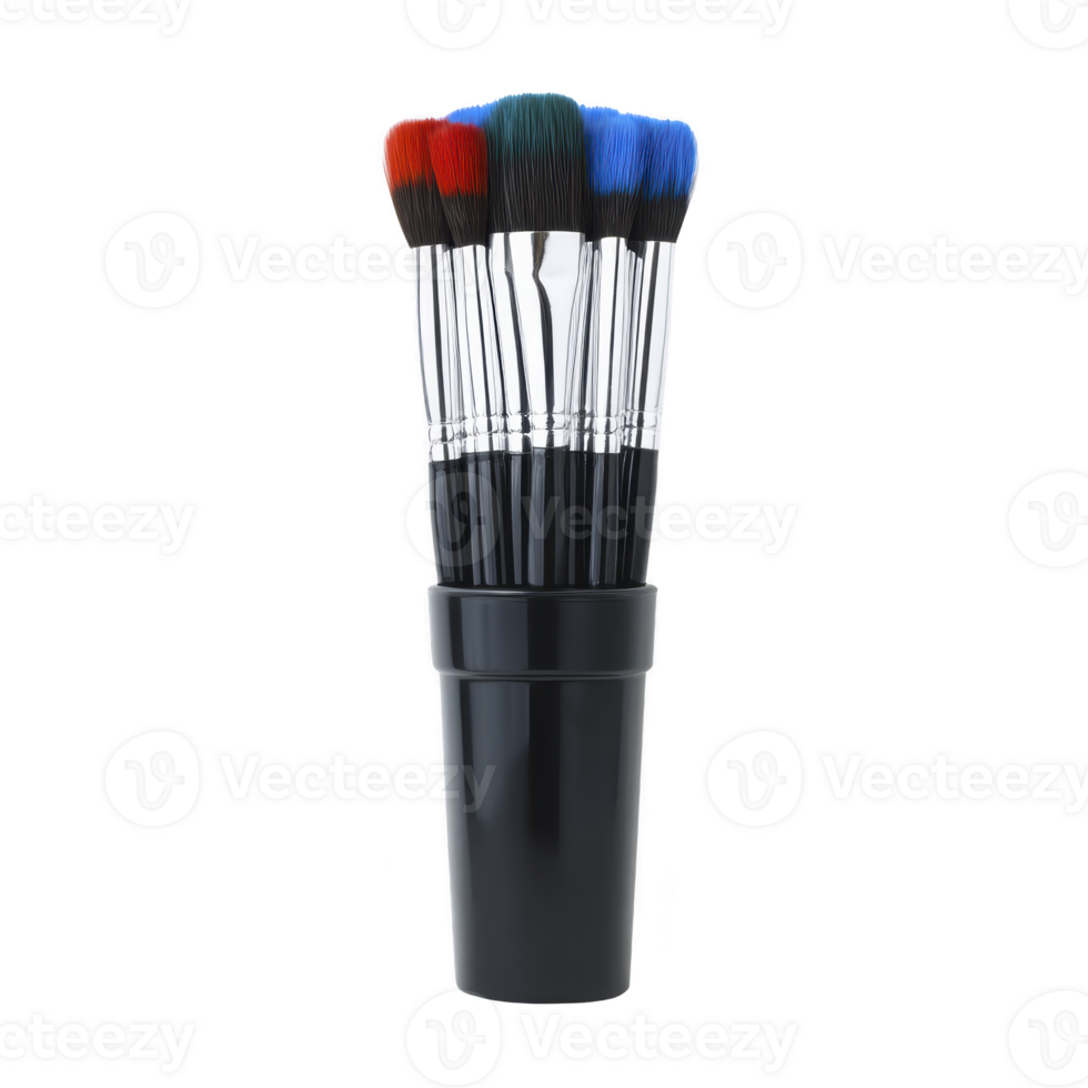 Set of colorful paintbrushes with red, blue, and green bristles is neatly arranged in black holder, showcasing vibrant and artistic display png