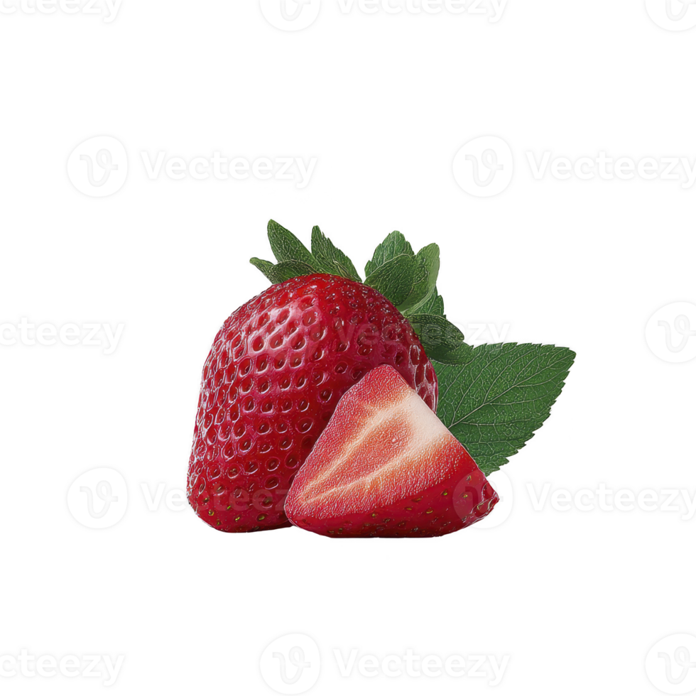Fresh, vibrant red strawberry with sliced half in front, showcasing its juicy interior, is placed against plain background. green leaves add natural touch png