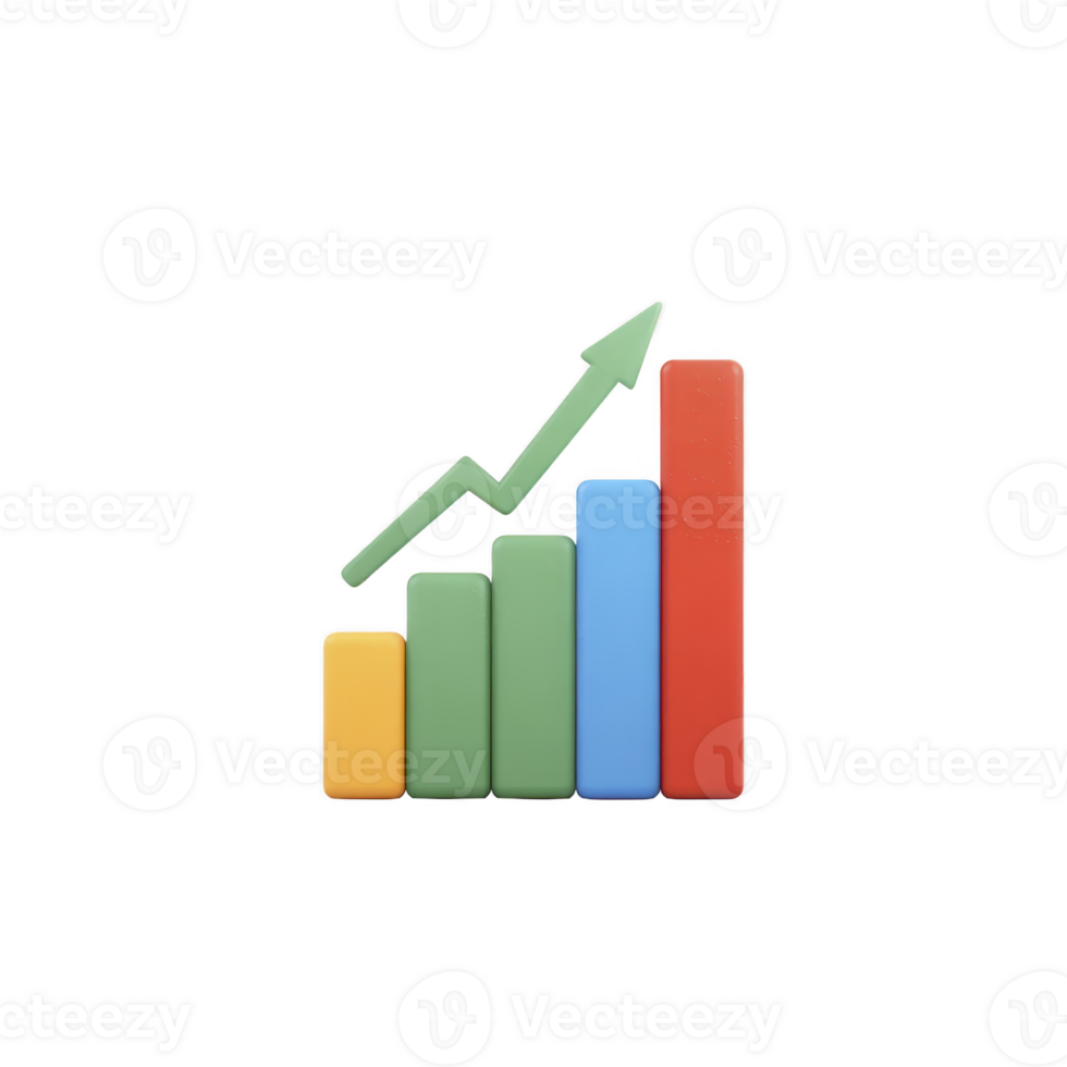 Colorful 3D bar chart with upward arrow symbolizing growth and success. bars are in yellow, green, blue, and red, representing data analysis and business progress png