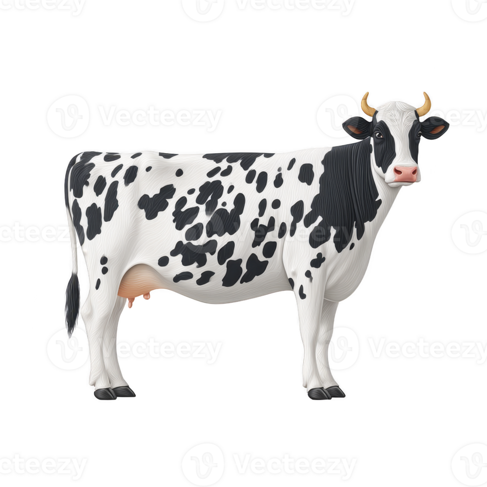 Realistic illustration of black and white cow with horns standing on transparent background, showcasing its distinctive markings and calm demeanor png