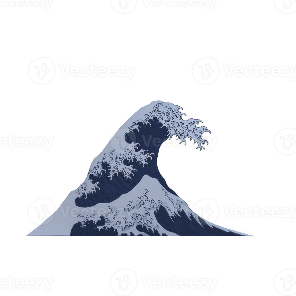 Stylized illustration of large ocean wave with intricate details and dynamic shape, reminiscent of traditional Japanese art. wave is depicted shades of blue and white, capturing sense of movement png