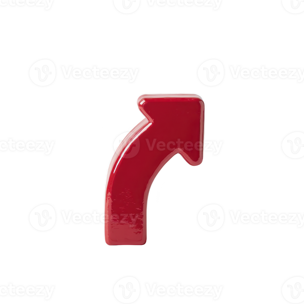 Shiny red arrow pointing to right, isolated on transparency background, symbolizing direction or movement. glossy finish adds modern touch, making it suitable for design or navigation purposes png