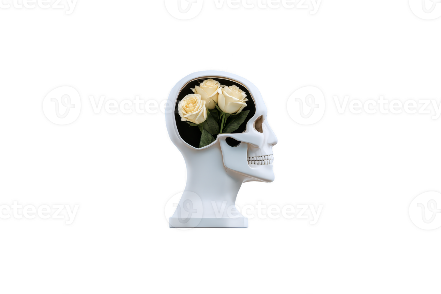 White skull model with yellow roses inside brain area symbolizes concept of beauty and life within mind. contrast between skull and flowers creates thought provoking image png