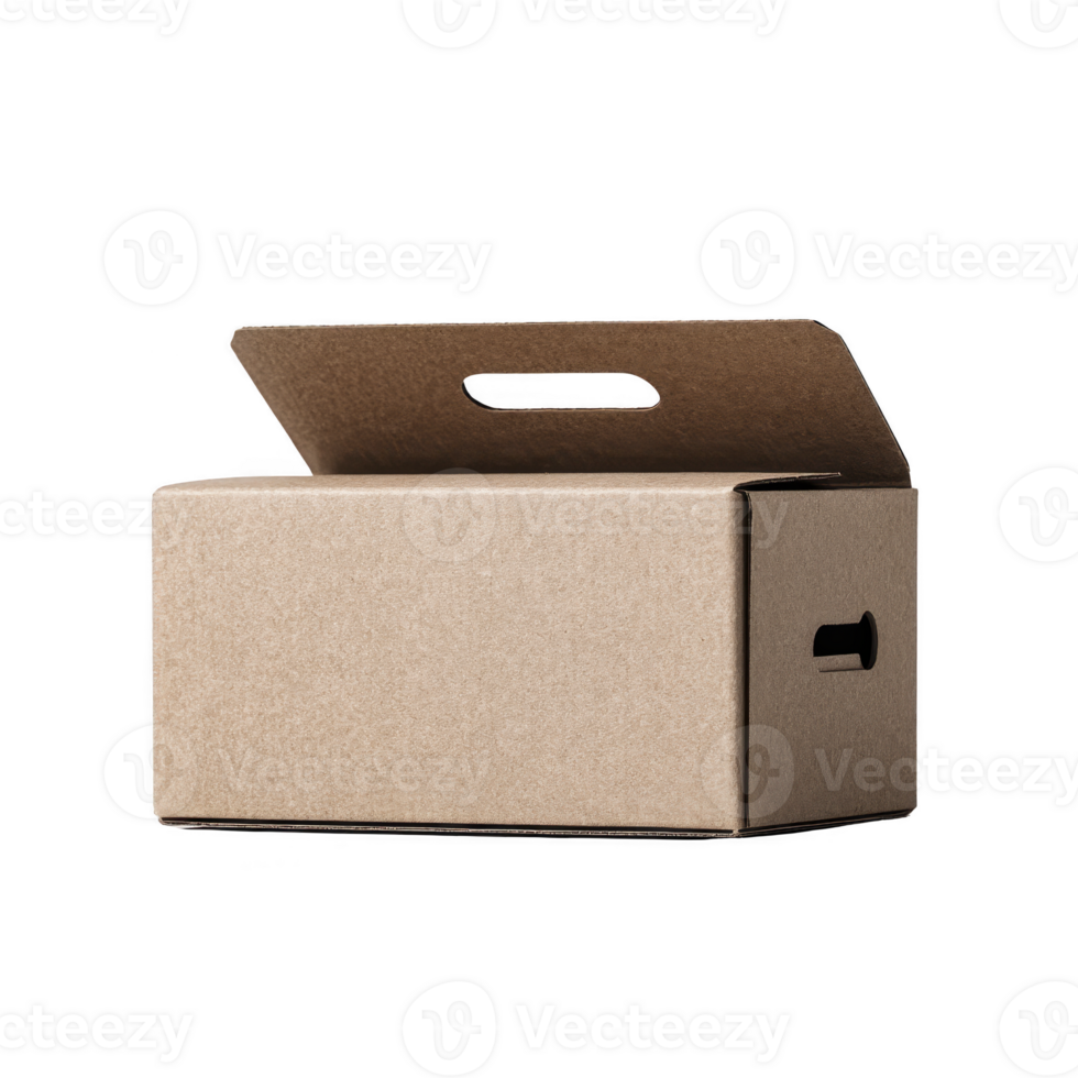 Plain cardboard box with handle is shown, ideal for packaging or storage. box is simple and functional, suitable for various uses in shipping or organizing items png
