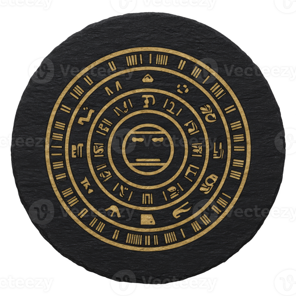 Circular design featuring intricate golden symbols and patterns transparency background, resembling ancient calendar or astrological chart. central motif includes stylized face surrounded by png