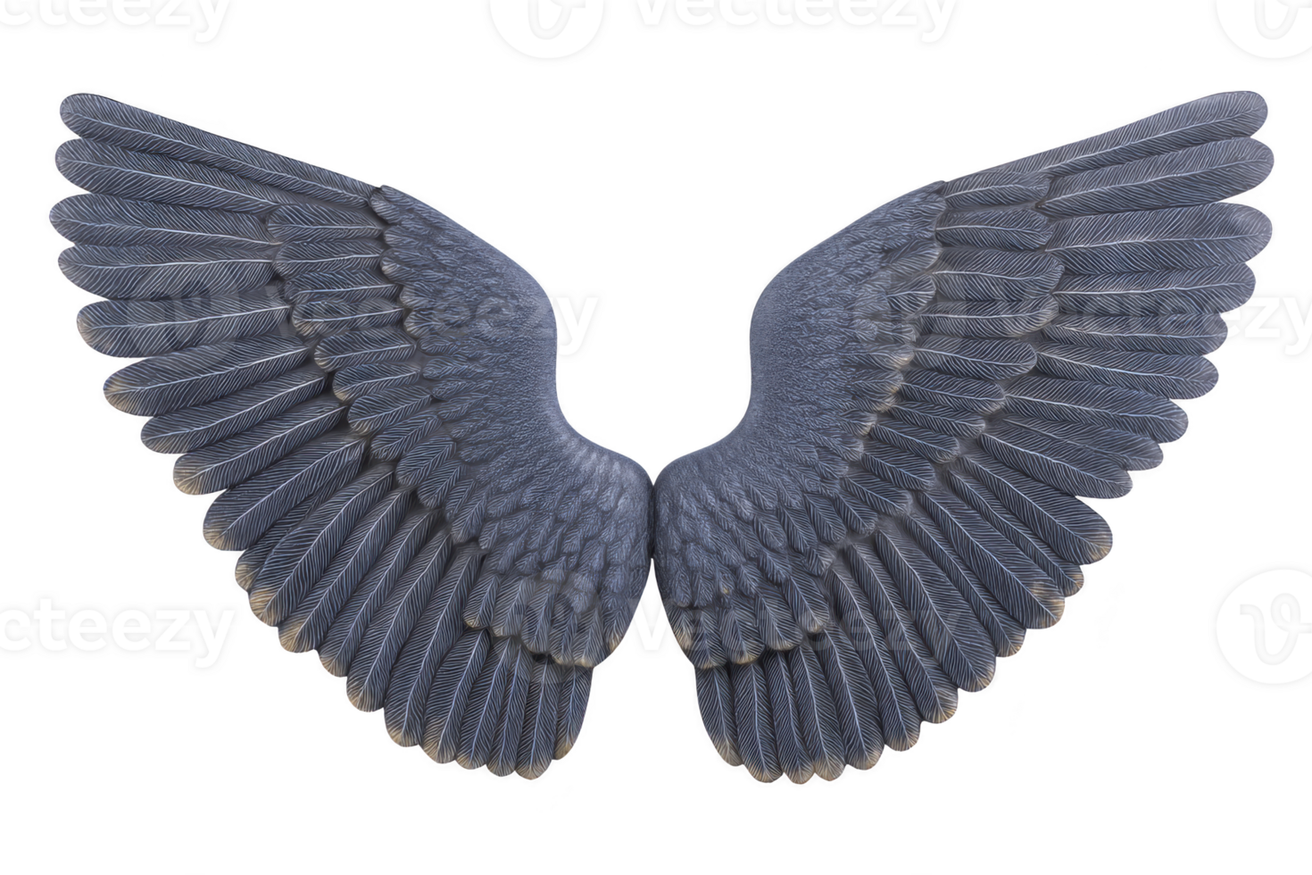 Pair of detailed, symmetrical blue wings with intricate feather patterns, evoking sense of freedom and grace. wings are spread wide, showcasing their elegant structure and texture png