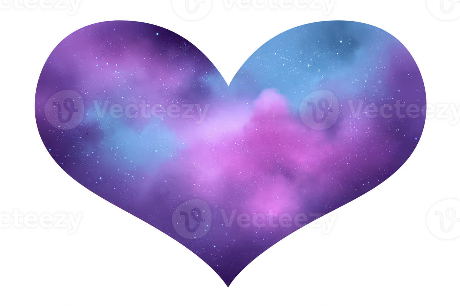 Heart shaped design with dreamy galaxy pattern features vibrant shades of purple, blue, and pink, evoking sense of wonder and romance. starry texture adds celestial touch png