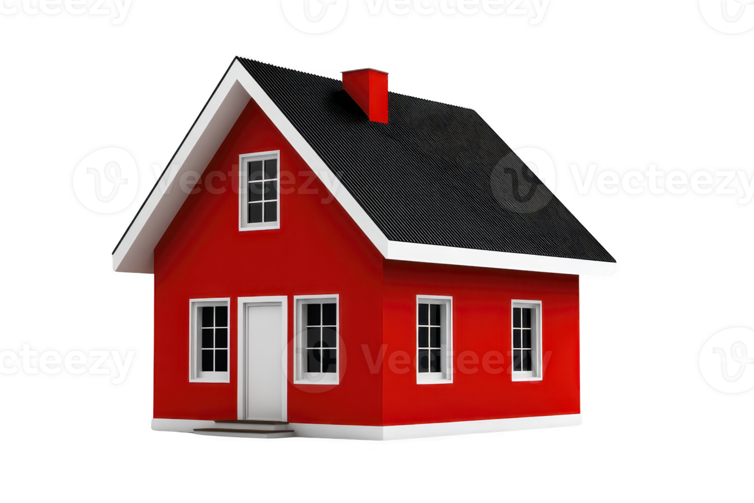 Small, red house with gabled roof and white trim, featuring multiple windows and chimney, stands isolated on transparency background. simple design evokes cozy and inviting atmosphere png