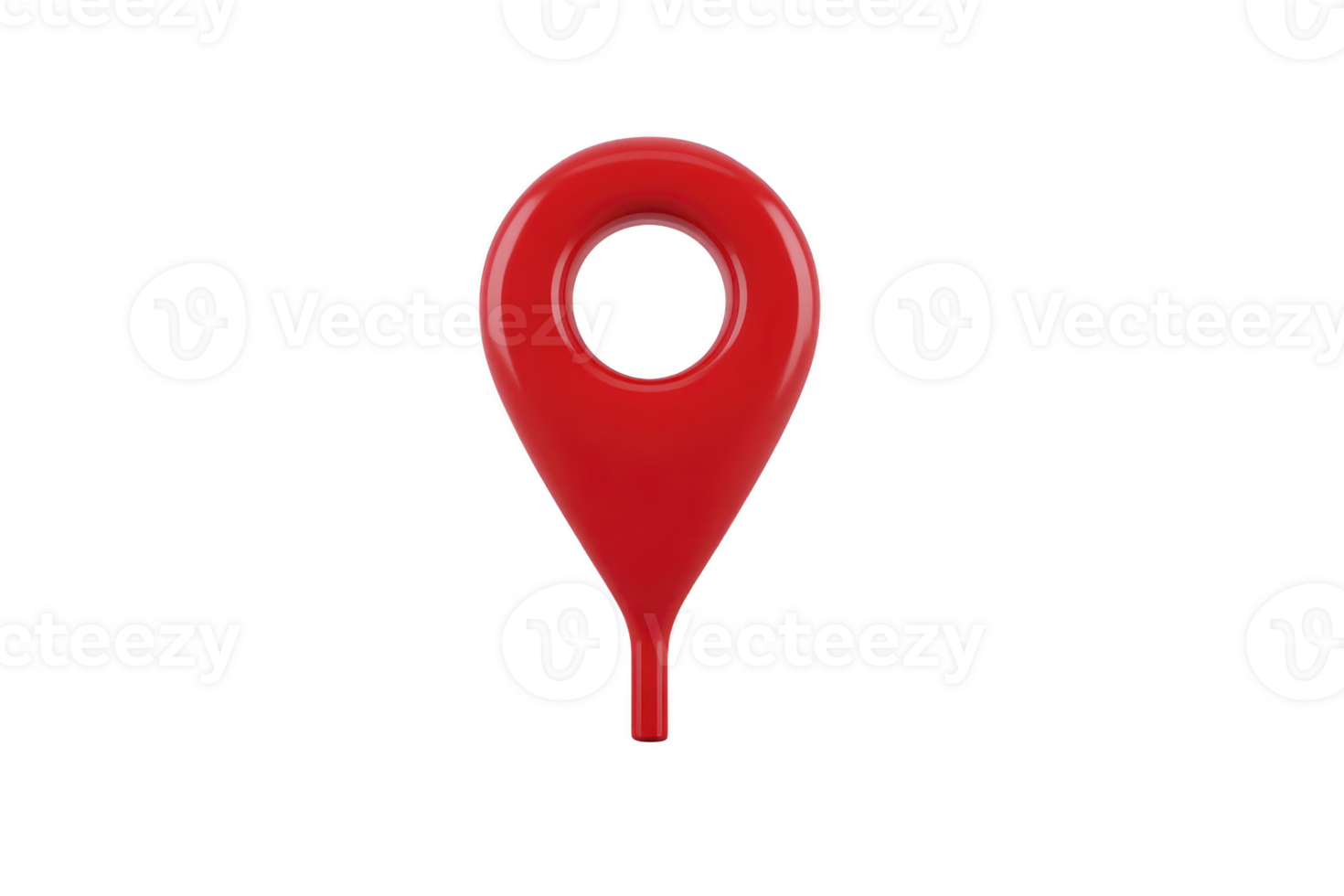 Red 3D map pin icon with glossy finish, symbolizing location or navigation, isolated on transparency background. pin has circular hole in center, giving it modern and sleek appearance png