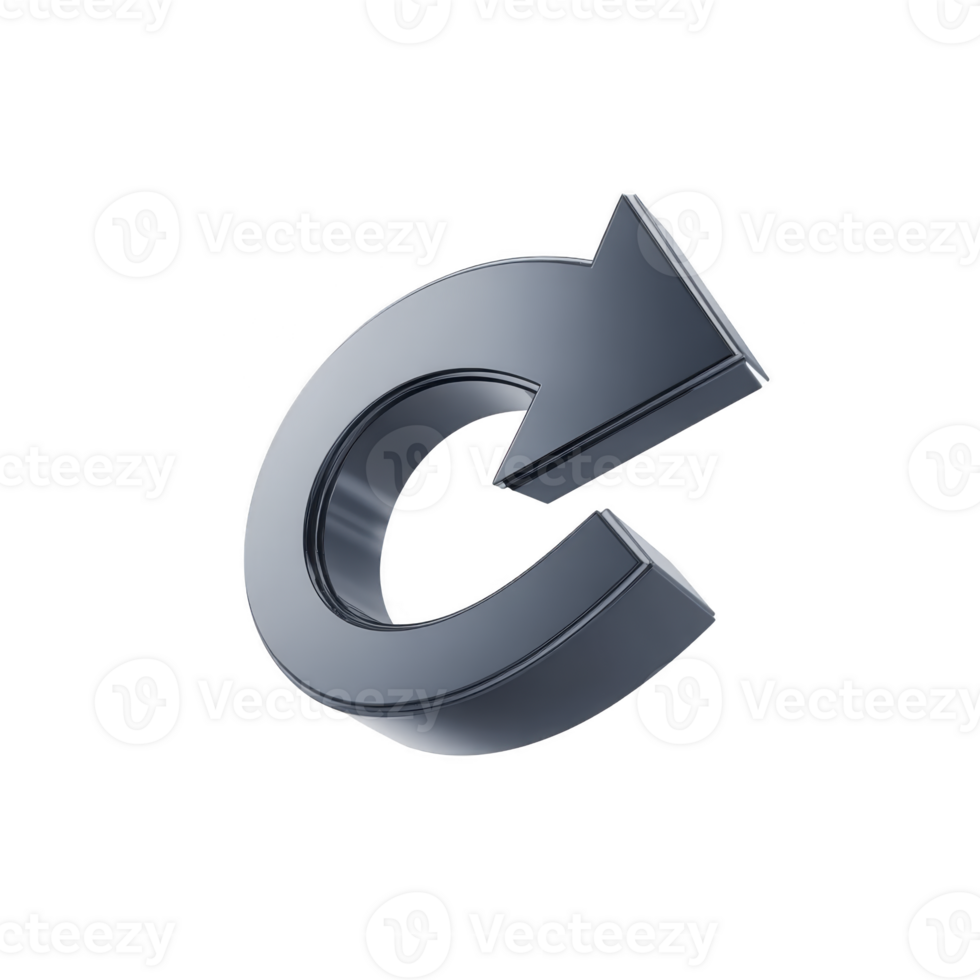 3D metallic refresh icon with curved arrow pointing clockwise, symbolizing renewal or update. shiny surface and sleek design give it modern and professional appearance png