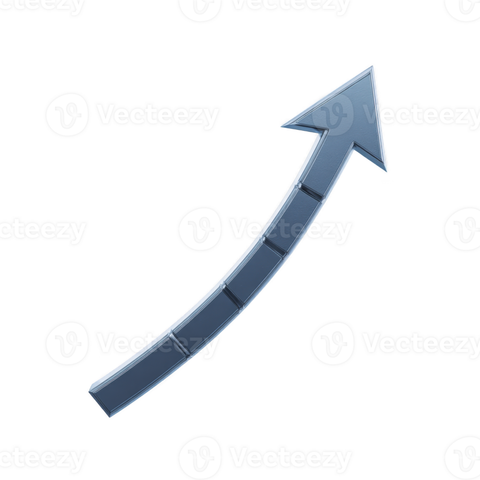 Sleek, metallic blue upward arrow with segmented design, symbolizing growth and progress. arrow is curved, giving dynamic and modern feel, often used in business or financial contexts png