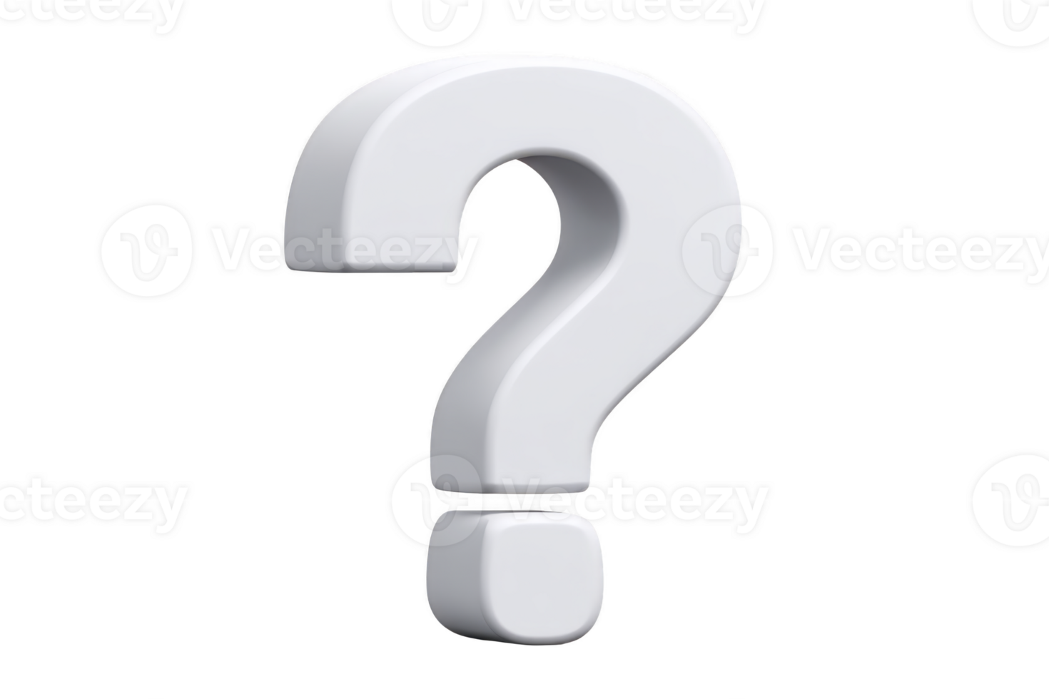 Large, white 3D question mark stands against plain background, symbolizing inquiry and curiosity. smooth, glossy surface reflects light, adding depth and dimension to image png