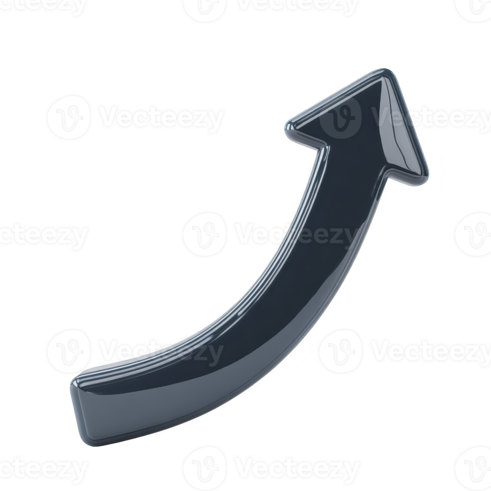 Shiny, metallic 3D arrow pointing upwards, symbolizing growth and progress. arrow sleek design and reflective surface add modern touch, making it ideal for business or technology themes png