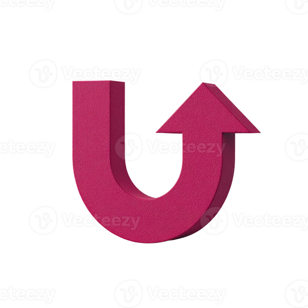Vibrant pink 3D arrow forms U turn shape, symbolizing direction change or reversal. arrow bold color and design make it eye catching and dynamic, ideal for conveying movement or transformation png
