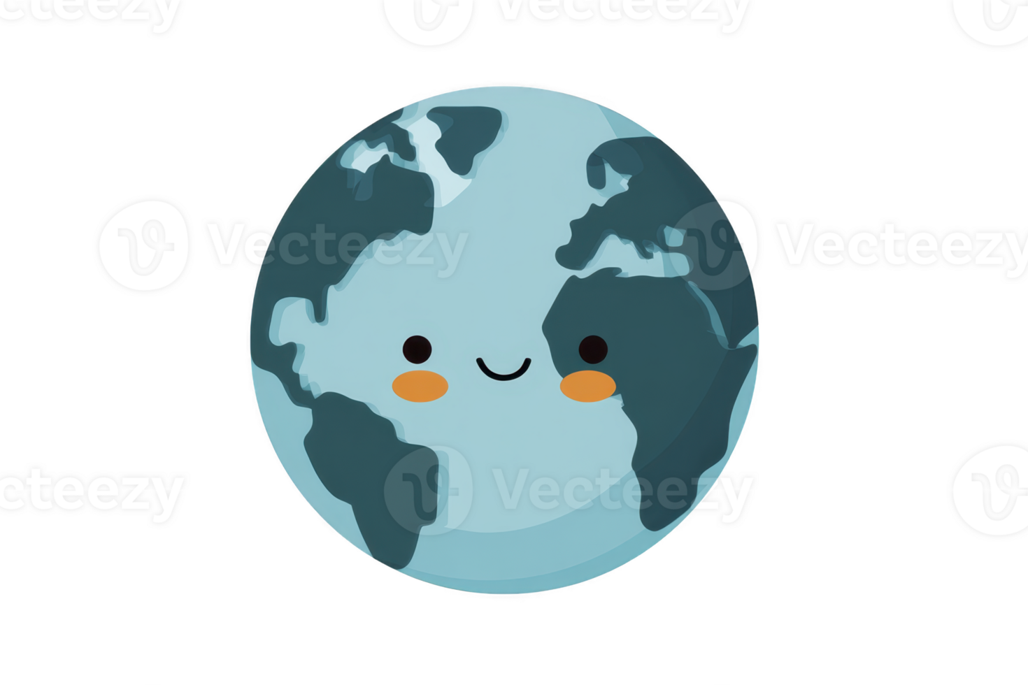 Cute illustration of Earth with smiling face, featuring continents in blue and oceans in light blue. Earth has cheerful expression with rosy cheeks, conveying sense of happiness and friendliness png