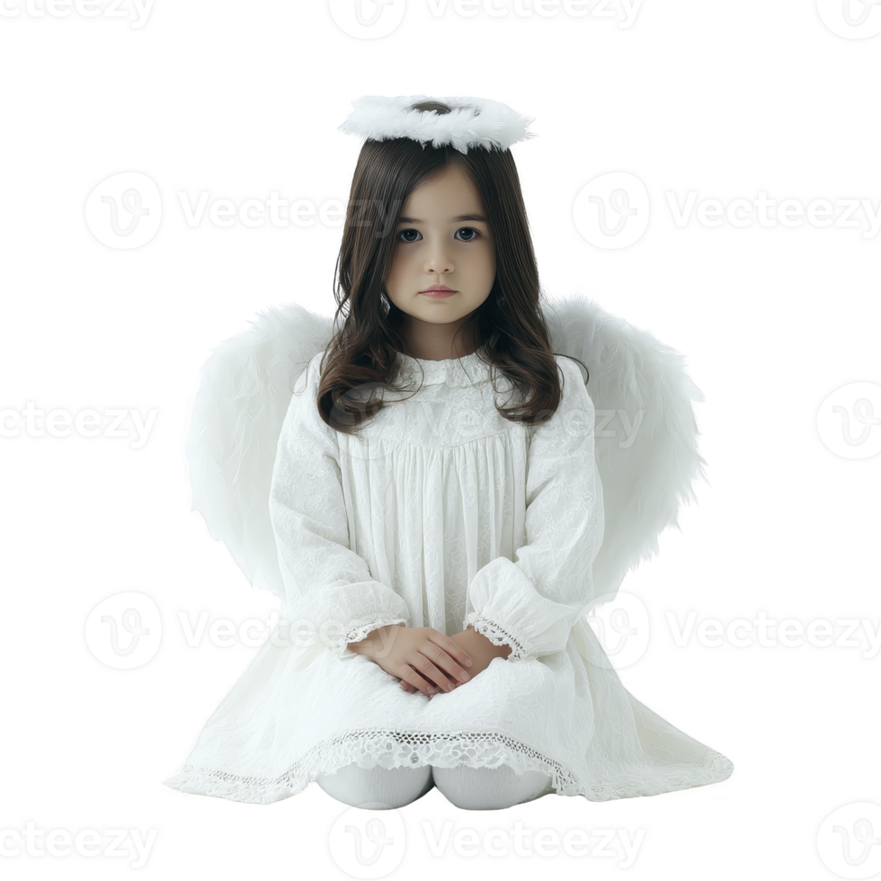 Young girl dressed as angel sits gracefully, wearing white dress with lace details, fluffy wings, and halo. Her serene expression adds touch of innocence and purity to scene png