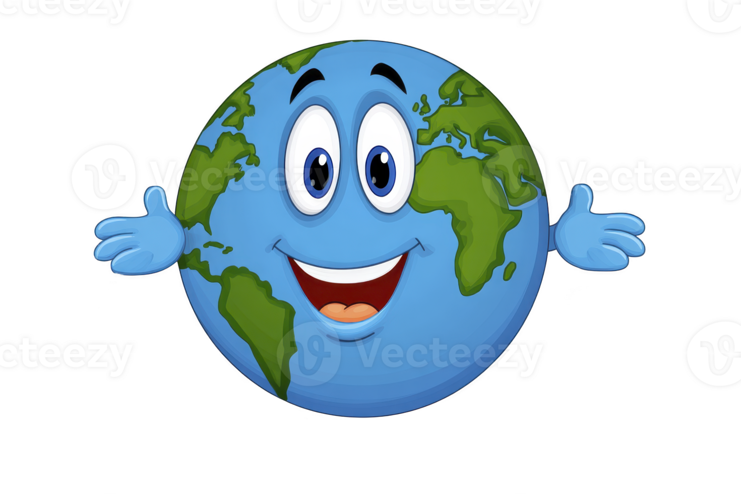Cheerful cartoon Earth character with smiling face and open arms, symbolizing friendliness and environmental awareness. globe features green continents and blue oceans, conveying positive message png