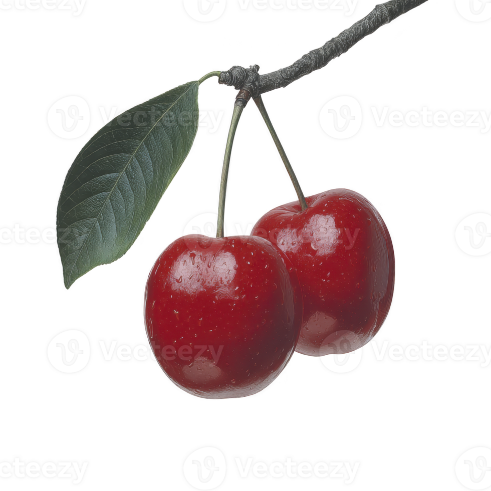Two ripe red cherries with glossy surface hang from branch with single green leaf, isolated on transparency background. cherries appear fresh and vibrant png