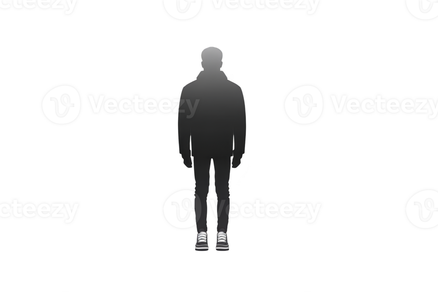Silhouette of person wearing jacket and sneakers stands against transparency background, creating minimalist and mysterious atmosphere. figure posture is relaxed, suggesting calmness png