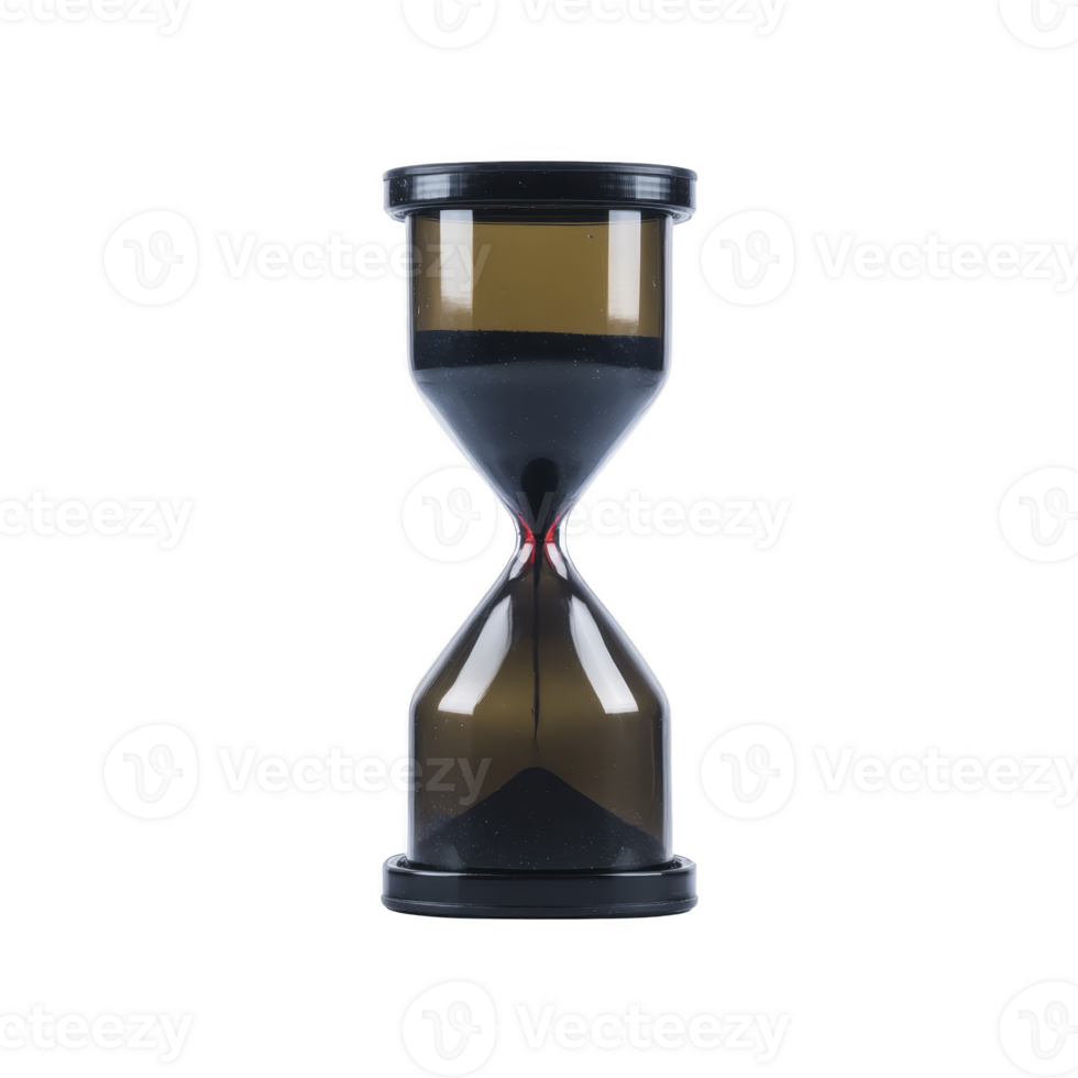 Classic hourglass with black sand and sleek design symbolizes passage of time. transparent glass and contrasting dark sand create striking visual effect, evoking sense of urgency png
