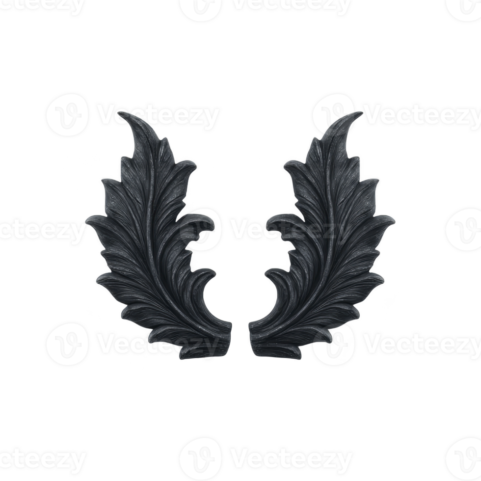 Ornate black leaf design with intricate detailing, resembling pair of symmetrical wings. elegant pattern features classic acanthus motif, often used in decorative arts and architecture png