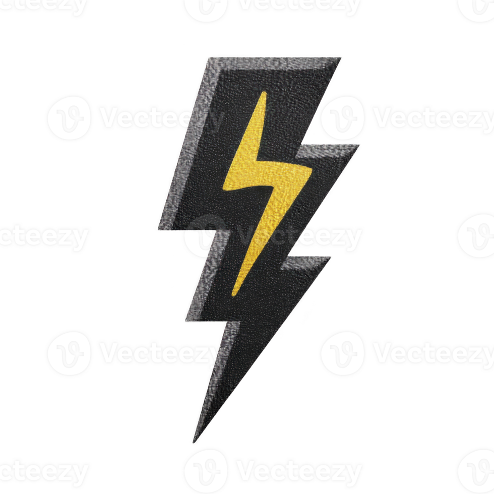 Stylized black and yellow lightning bolt symbol with textured appearance, representing energy and power. design is bold and dynamic, often used in graphic art and branding png