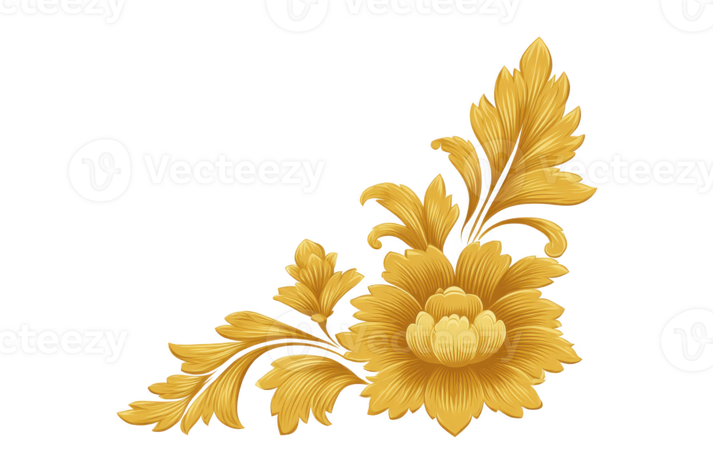 Golden floral design with intricate details and elegant curves, featuring central flower and surrounding leaves. ornate pattern exudes sense of luxury and sophistication, perfect for decorative png