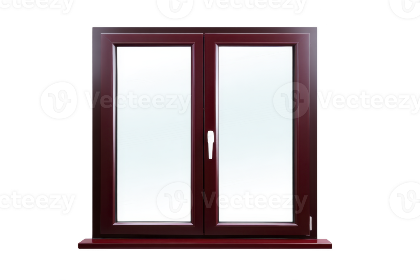 Modern double pane window with sleek dark brown frame and clear glass, designed for energy efficiency and contemporary aesthetics. window features central handle for easy opening and closing png