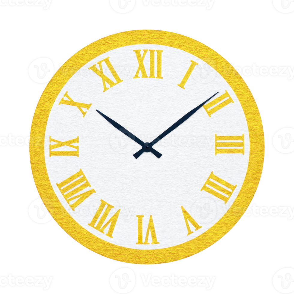 Round wall clock with yellow border and Roman numerals displays classic design. clock hands are black, contrasting with white face, creating timeless and elegant appearance png