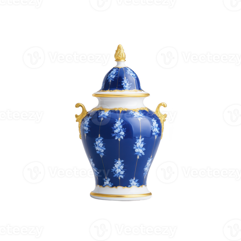 Elegant blue porcelain vase with intricate floral patterns and gold accents, featuring ornate handles and decorative lid. design exudes classic and luxurious aesthetic png