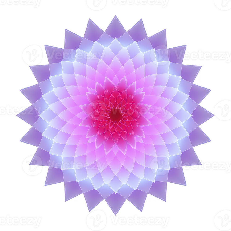 Vibrant, symmetrical mandala design with gradient of pink and purple hues, creating calming and harmonious visual effect. intricate pattern radiates from center, resembling blooming flower png