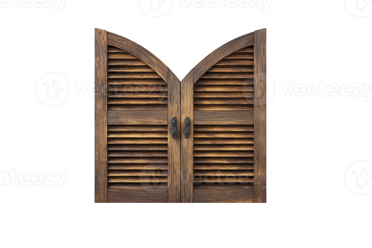 Wooden saloon doors with rustic design and arched tops, featuring horizontal slats and metal handles, evoke classic Western style. Perfect for adding vintage charm to interiors png