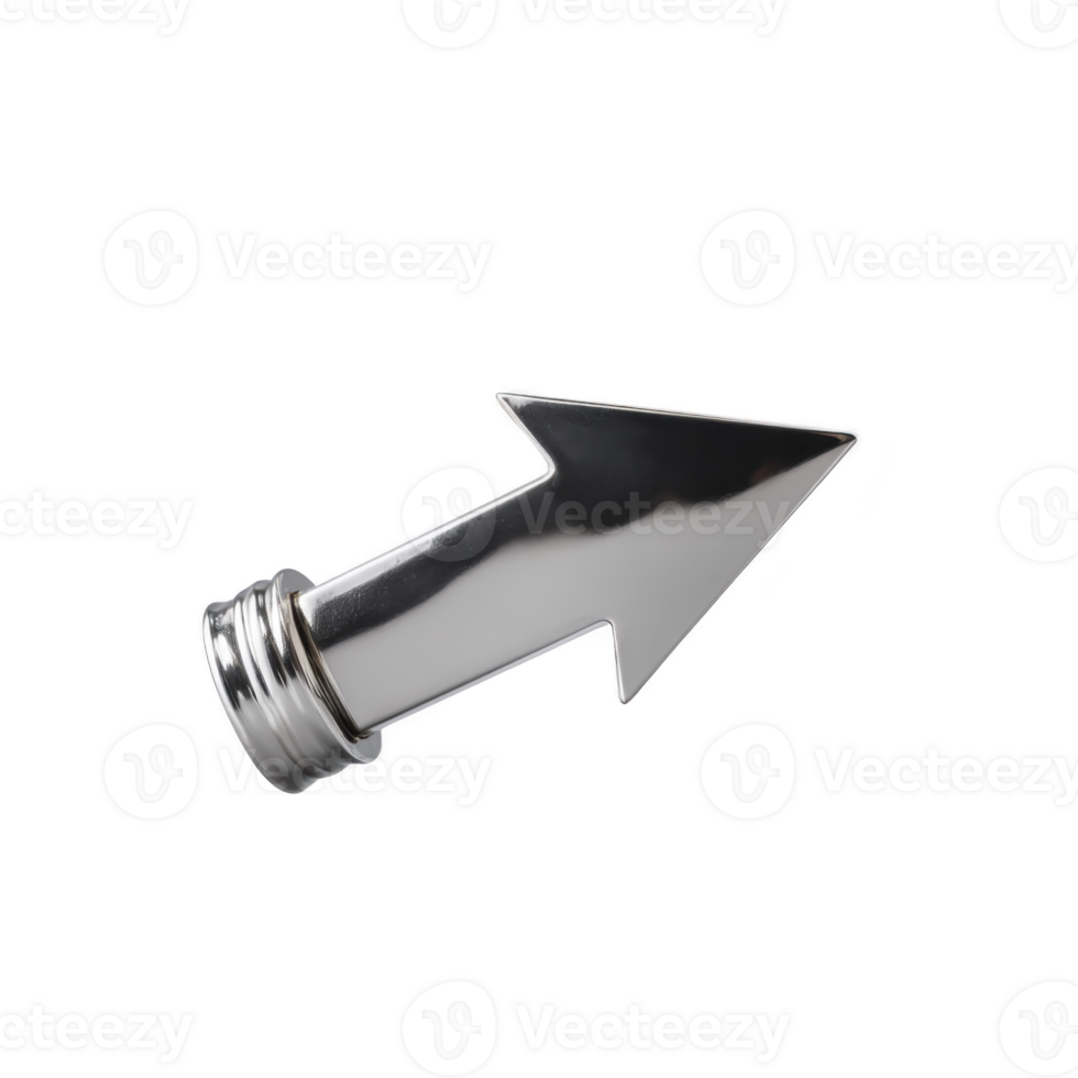 Shiny metallic arrow shaped object with threaded base, resembling screw or bolt, isolated on transparency background. object reflects light, highlighting its smooth surface and sleek design png