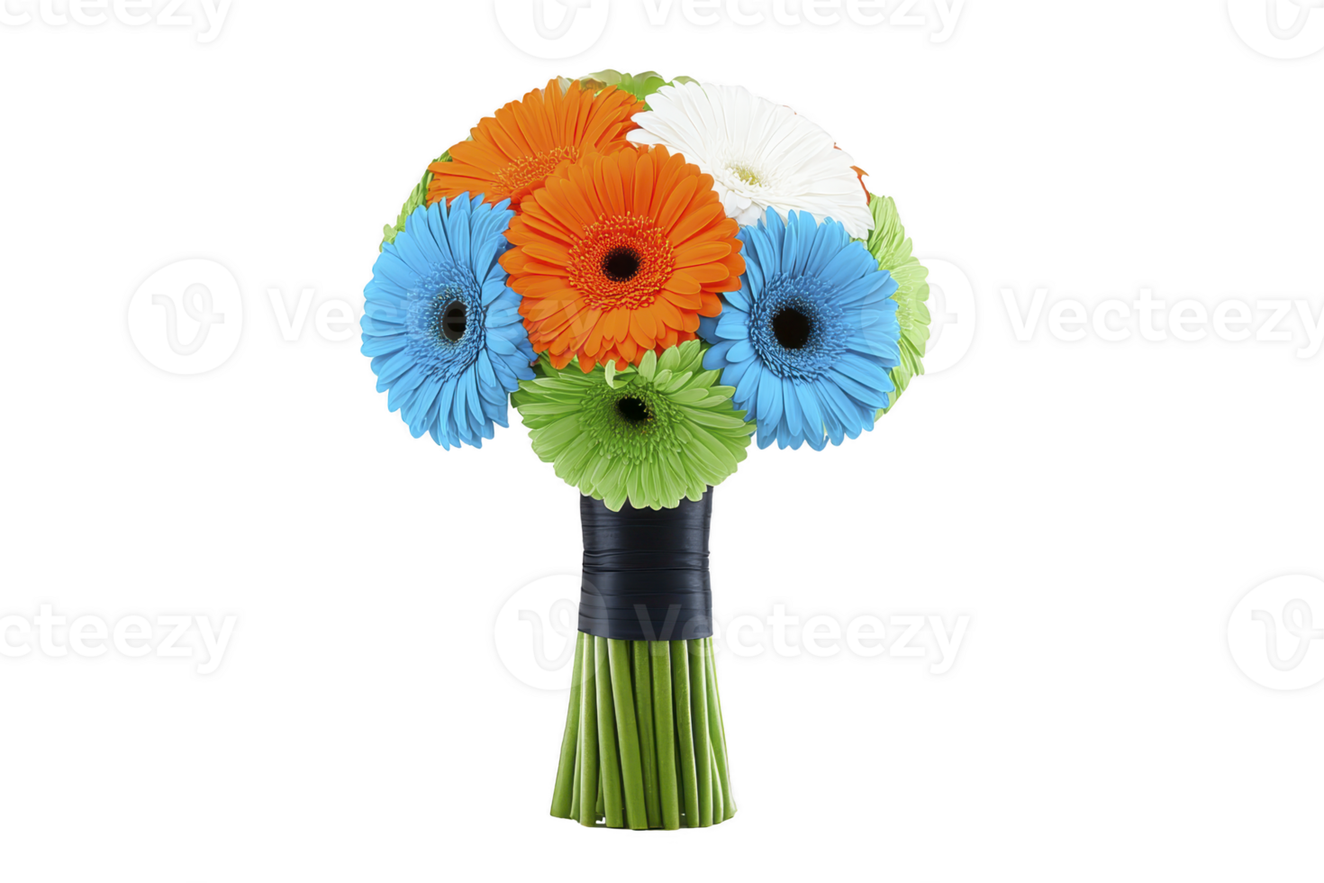 Vibrant bouquet of colorful gerbera daisies, featuring orange, blue, and white flowers, wrapped with black ribbon. arrangement is cheerful and perfect for brightening any space png
