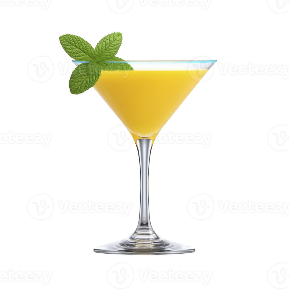 Refreshing yellow cocktail in martini glass garnished with fresh mint leaves, perfect for summer party or elegant gathering. vibrant color and minty aroma enhance its appeal png