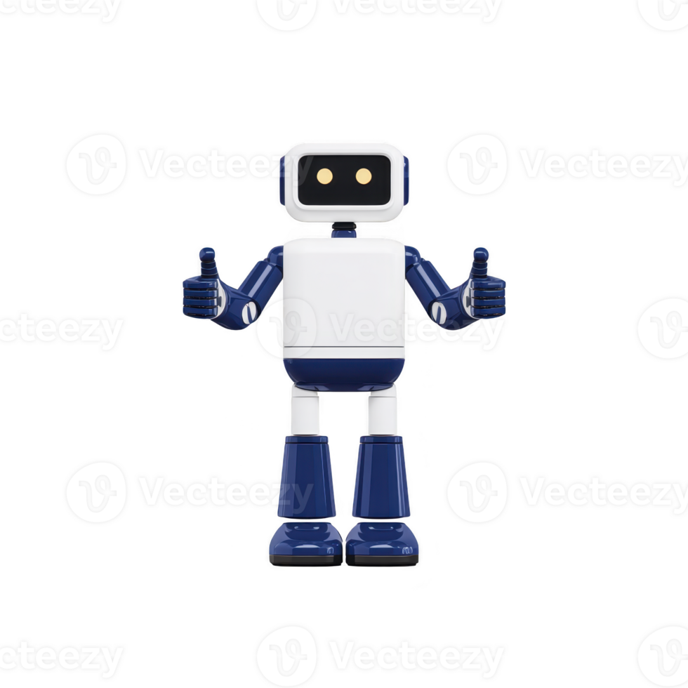 Friendly robot with white and blue design gives thumbs up gesture, showcasing positive and welcoming expression. robot simple and modern appearance makes it ideal for technology related themes png