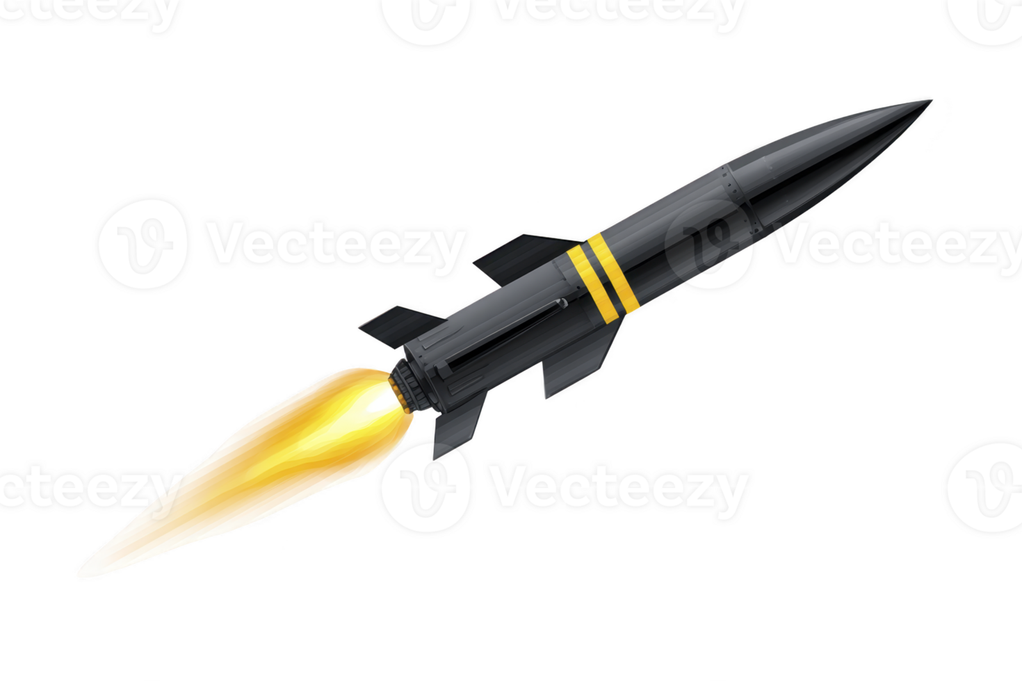 Sleek black rocket with yellow stripes and fiery exhaust, soaring through space. dynamic motion and vibrant colors convey sense of speed and adventure png
