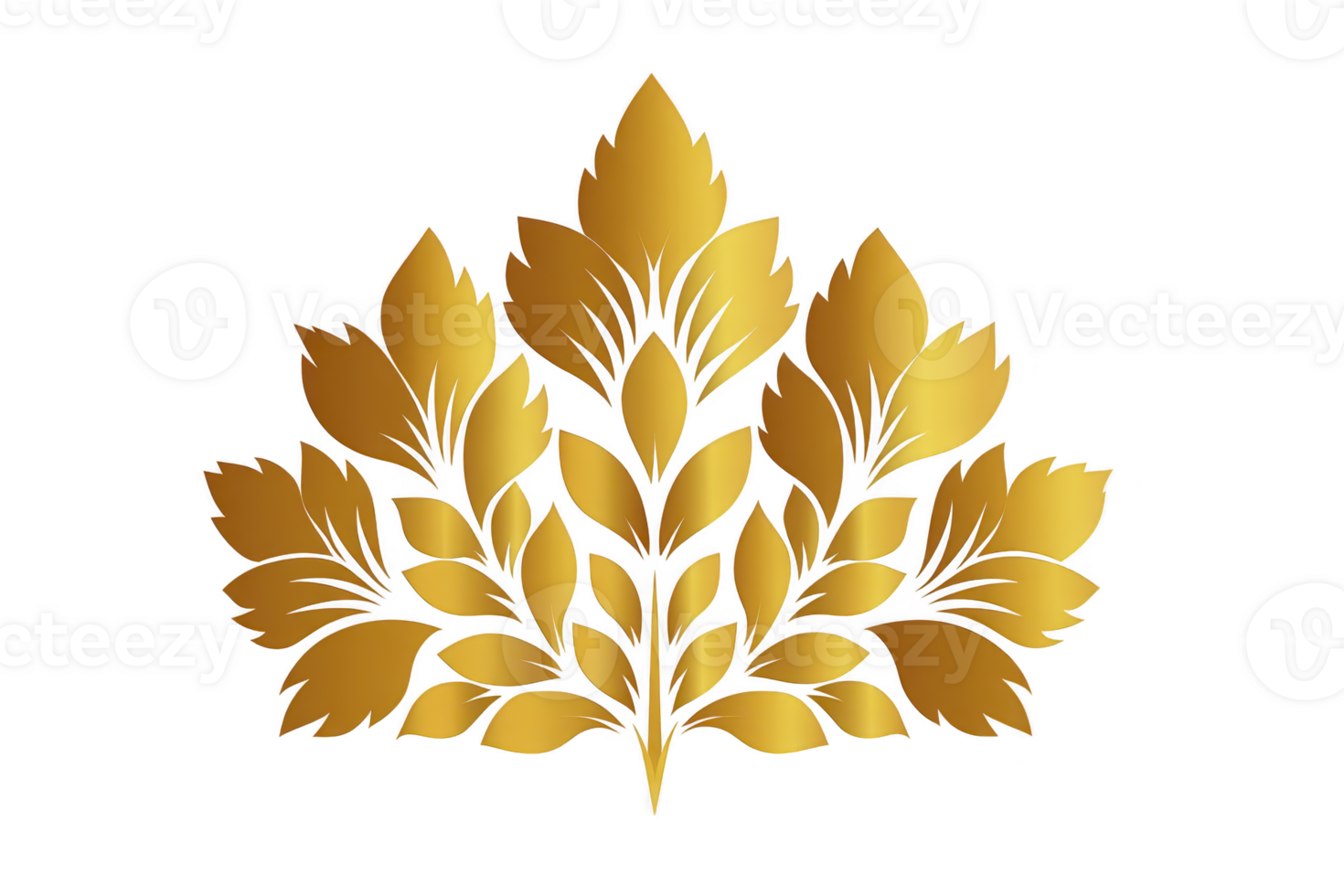 Golden leaf pattern with intricate design, featuring symmetrical arrangement and elegant details, perfect for decorative purposes or artistic projects. metallic sheen adds luxurious touch png